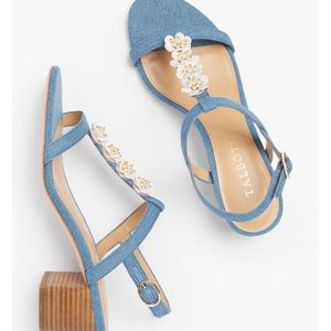 Women’s 8M Leather Talbots Mimi Flower-Embellished Block Heel Sandals - Denim